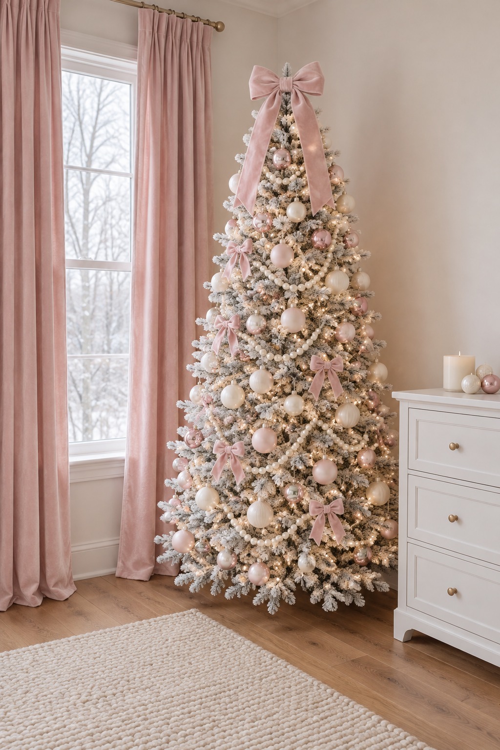 Flocked white Christmas tree with blush pink and cream ball ornaments, pearl bead garland and pale pink velvet bows, in a bedroom corner with blush pink curtains and a cream wool rug