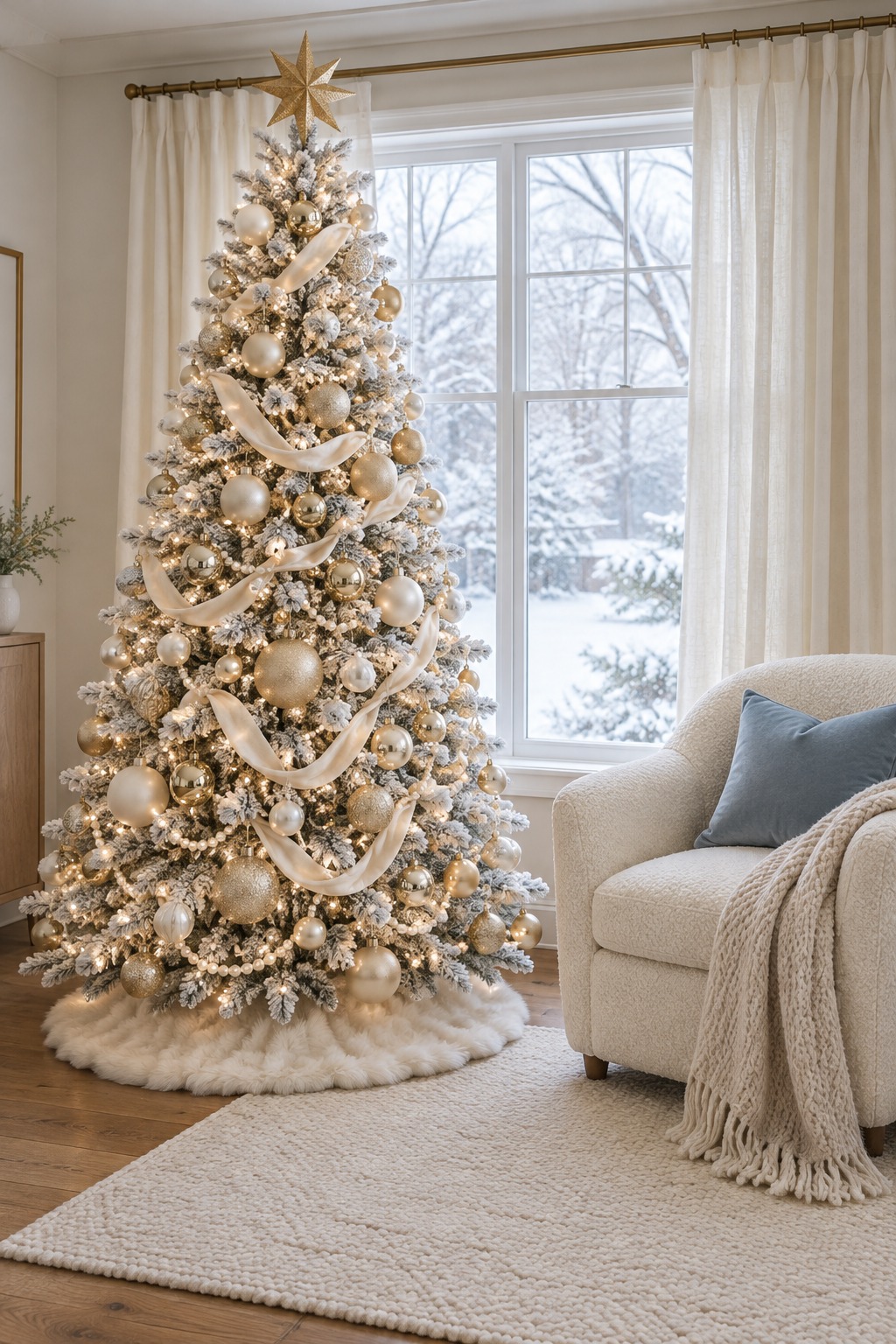 Christmas tree with champagne gold ornaments in matte, pearl and shiny finishes, cream velvet ribbon and a large gold star on top, next to a cream bouclé armchair and a window with ivory linen curtains