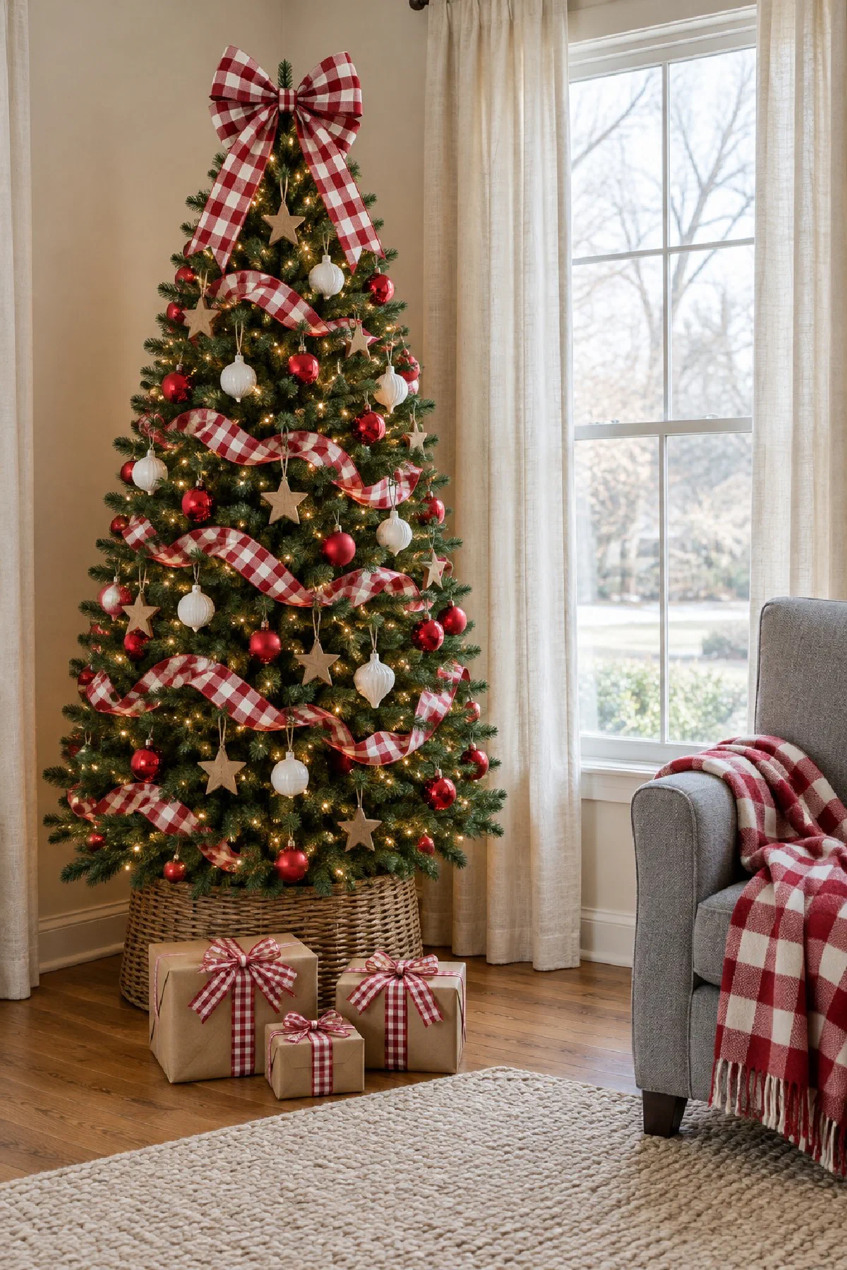 Green Christmas tree in a living room corner trimmed with red and white buffalo check ribbon, red ball ornaments, white ceramic ornaments and wooden stars, with a large plaid bow on top