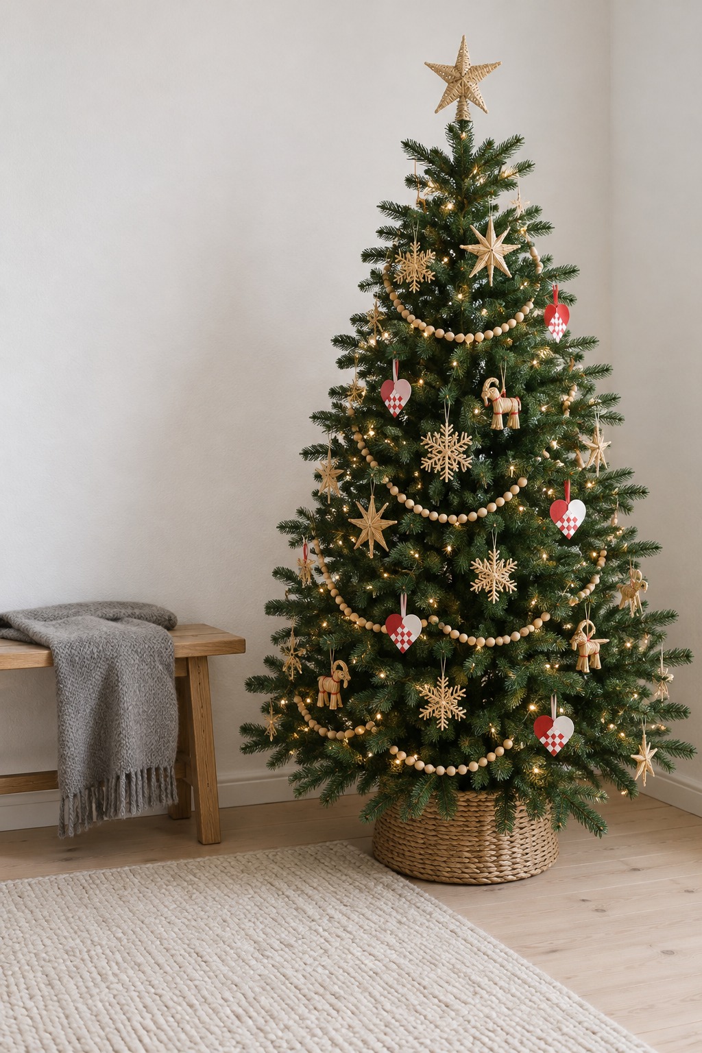 Green Christmas tree with woven straw stars, straw snowflakes, red and white paper hearts and a wood bead garland, with a straw star on top, beside a white wall and a natural wood bench with a gray wool blanket