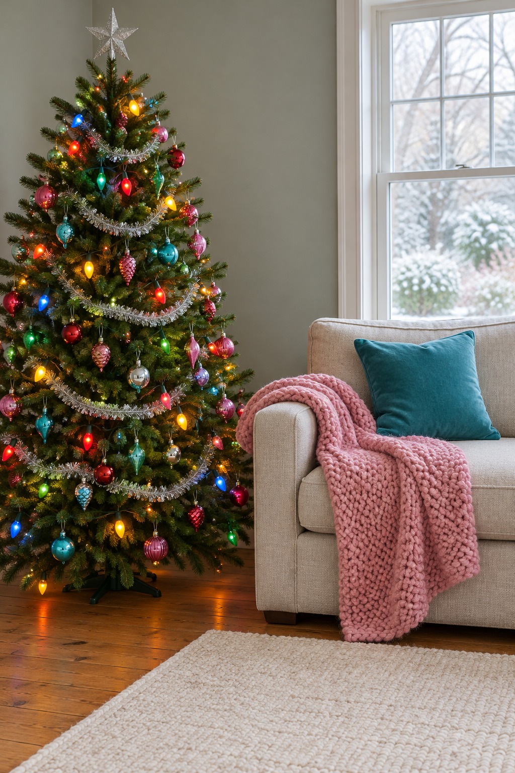 Green Christmas tree with large multicolor bulb lights lit, assorted red, turquoise, pink and silver glass ornaments, silver tinsel garland and a silver star on top, beside a sofa with a pink knit throw