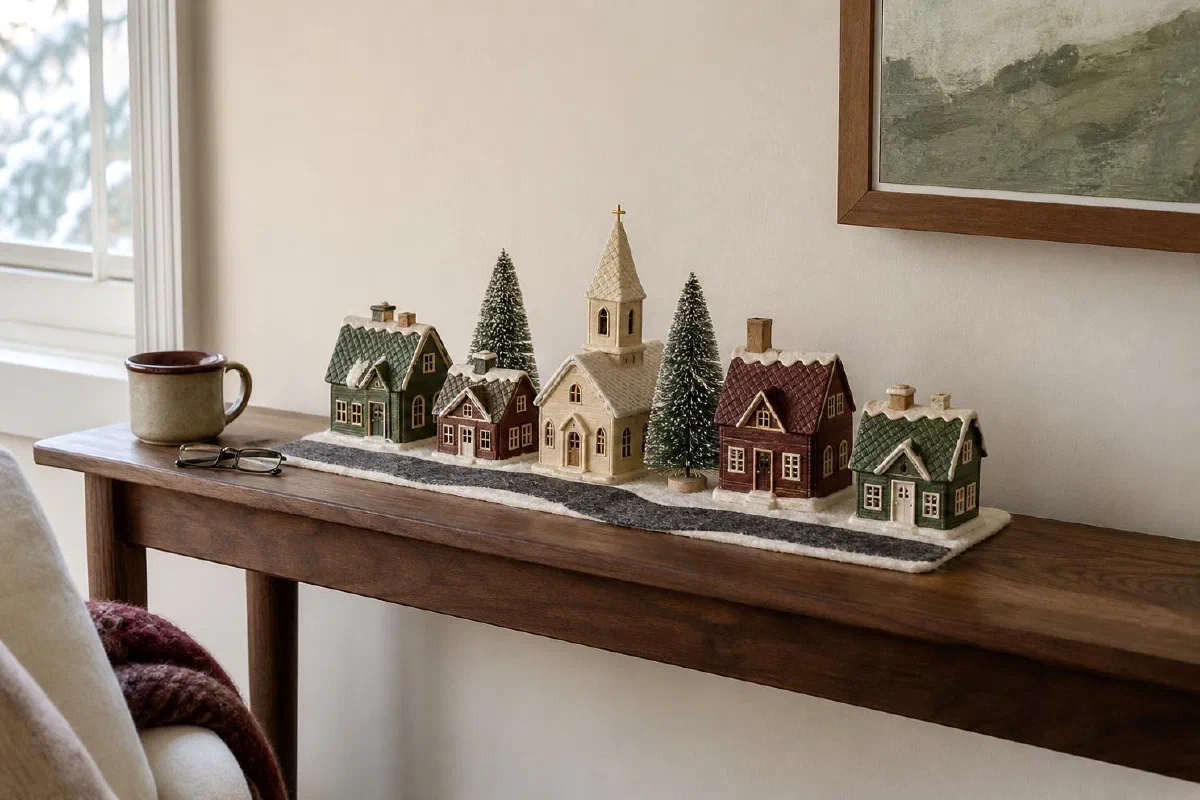 Miniature Christmas village arranged on a narrow console