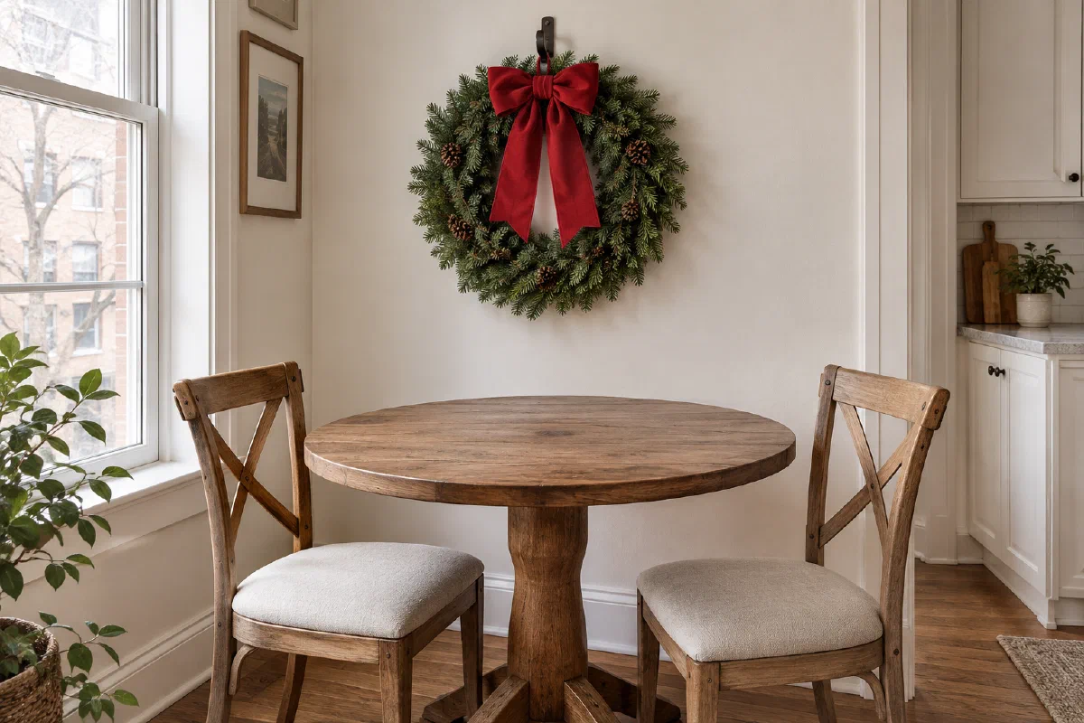 An evergreen wreath with a red bow above a clear round dining table and two wooden chairs in a small apartment corner