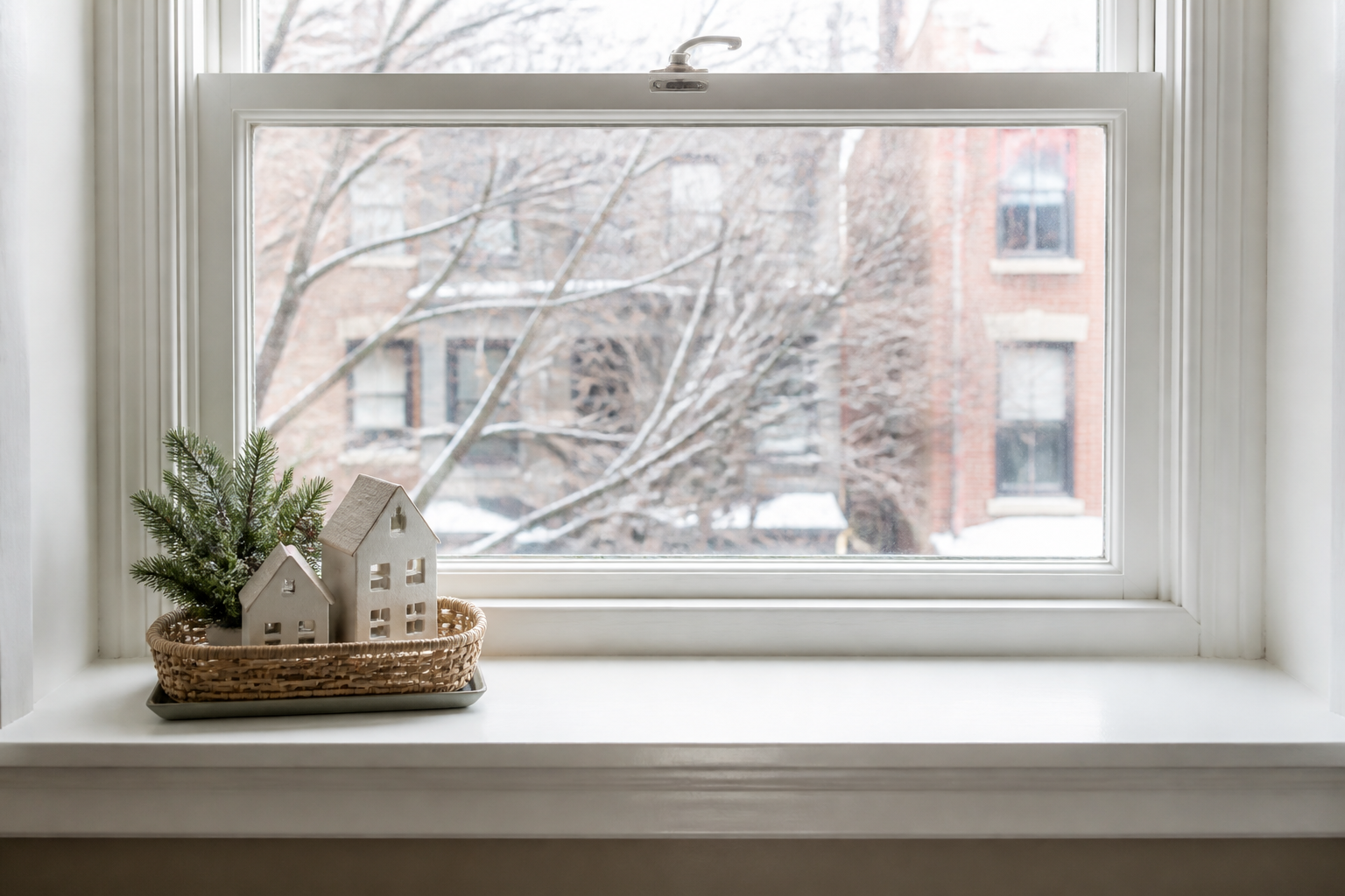 A paper Christmas village arranged in a shallow basket on a narrow indoor window sill