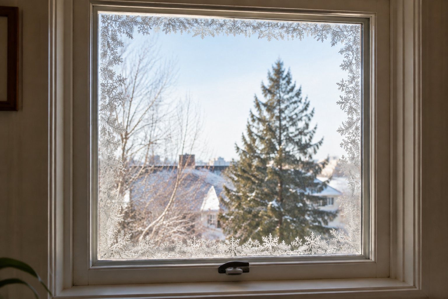 A removable frosted snowflake border around a small apartment window with the center clear
