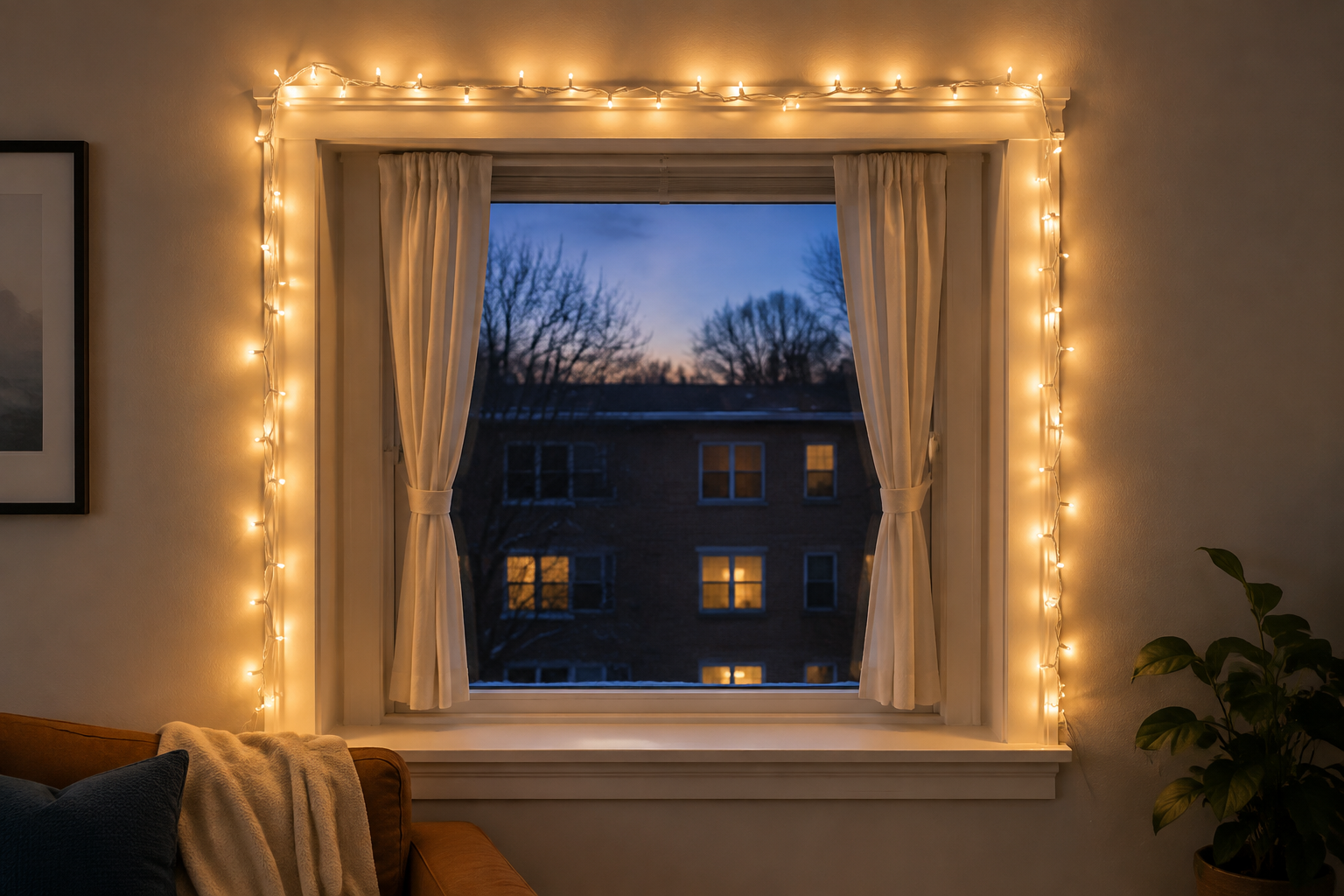Warm white lights framing the sides and top of a small window with the latch clear