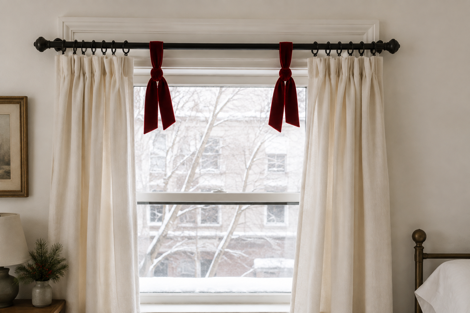 Short velvet ribbon ties attached to an existing curtain rod above a small holiday window