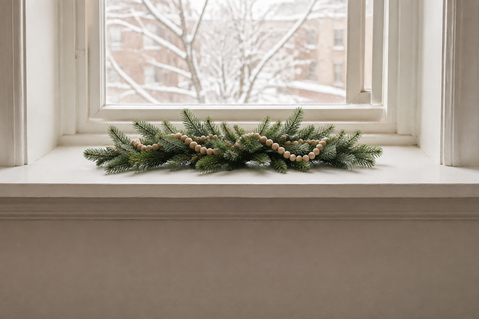 A short evergreen runner placed along a narrow window sill below clear glass
