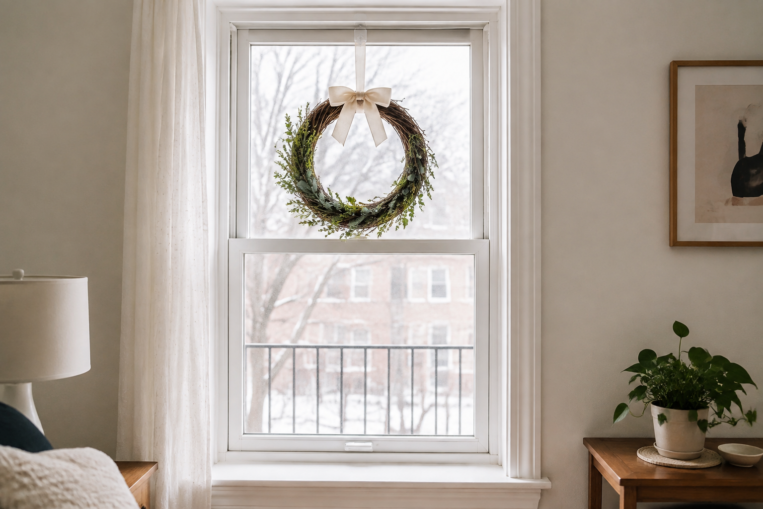 A lightweight Christmas wreath hanging inside a small rental window with the lower glass left clear