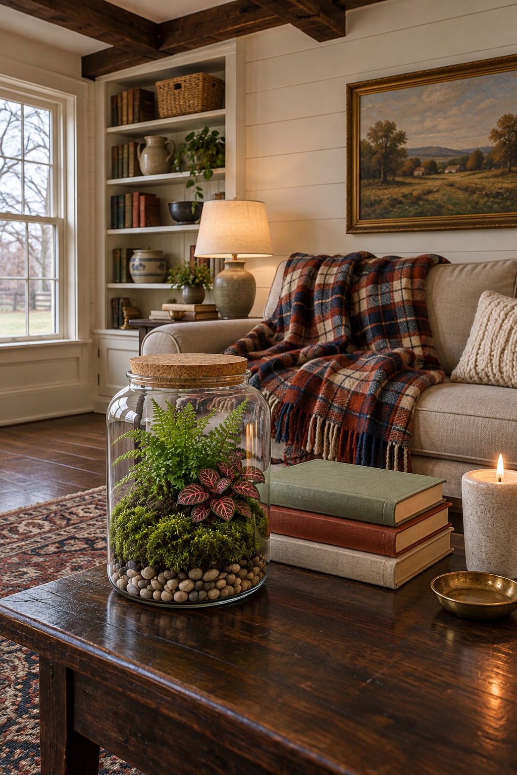 Large glass jar terrarium with a cork lid holding moss, a small fern and a pink-veined fittonia on a dark wood coffee table next to a stack of plant books and a lit candle