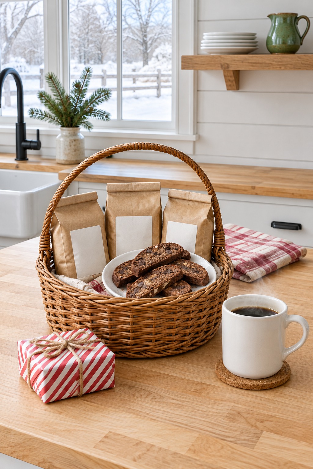 Small woven basket on a bright farmhouse kitchen counter holding a box of coffee bags and a plate of chocolate biscotti with a white mug of coffee beside it and a small gift wrapped in red and white Christmas paper