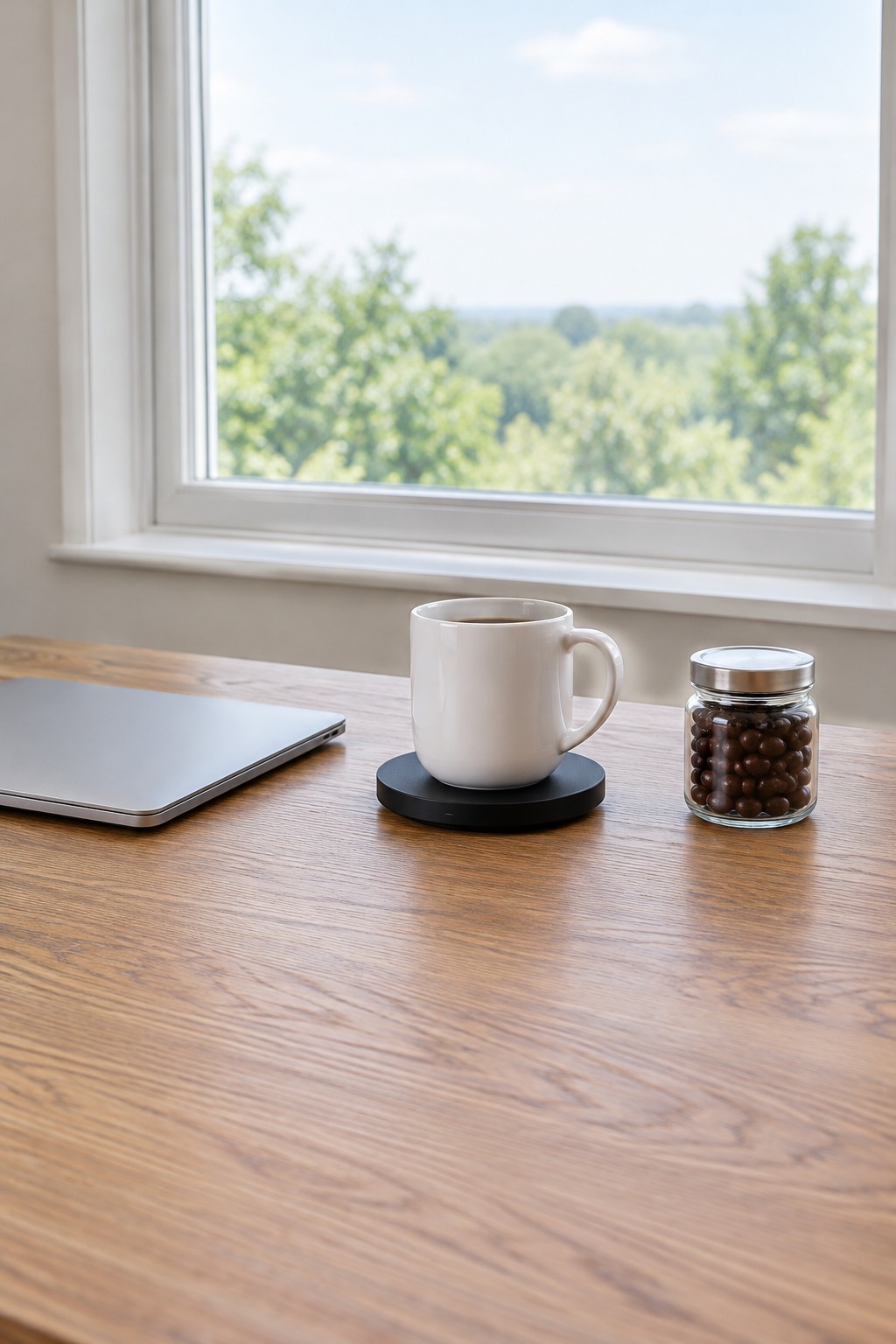Wooden desk by a bright window with a coffee mug sitting on a flat black mug warmer, a small glass jar of chocolate covered espresso beans and a closed laptop