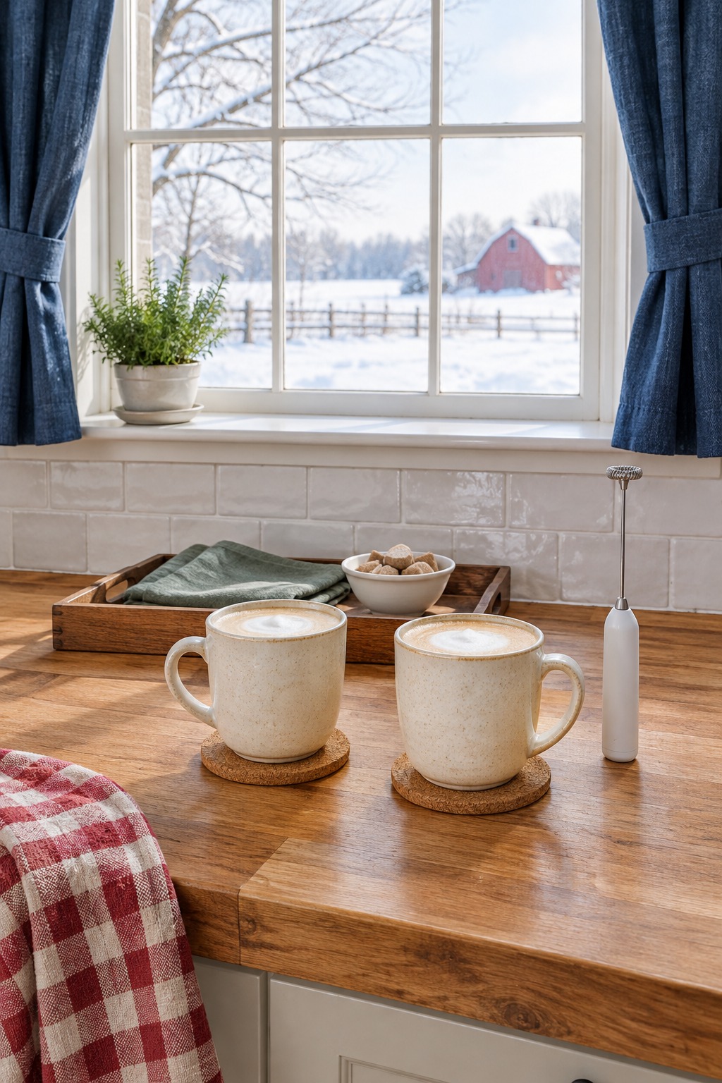 Bright farmhouse kitchen counter with two cream stoneware mugs of latte on cork coasters beside a small handheld milk frother and a wooden tray, a window with winter light behind