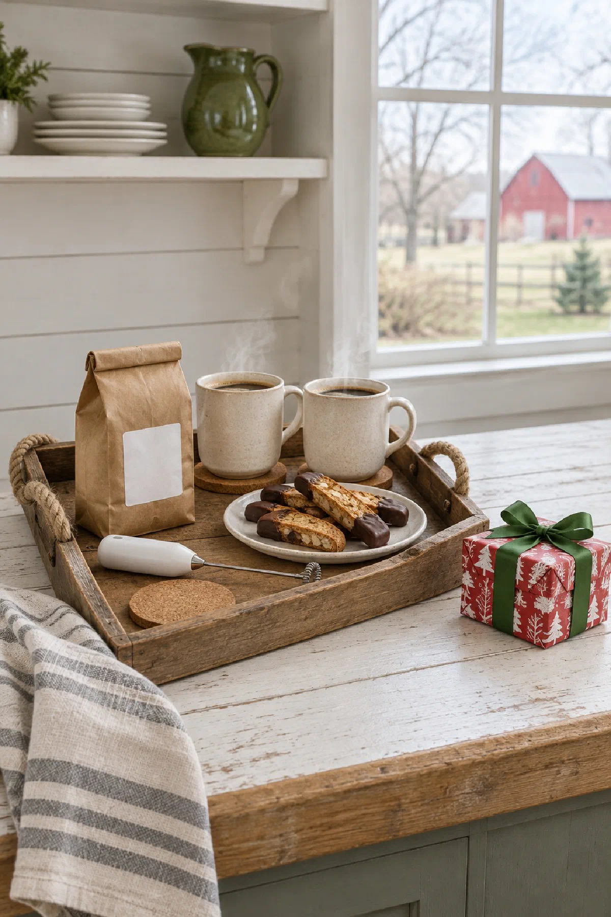 Wooden tray on a farmhouse kitchen counter holding two cream stoneware mugs, a bag of coffee, a plate of biscotti, a small frother and cork coasters, with a small gift wrapped in red and white Christmas paper beside it in bright morning light