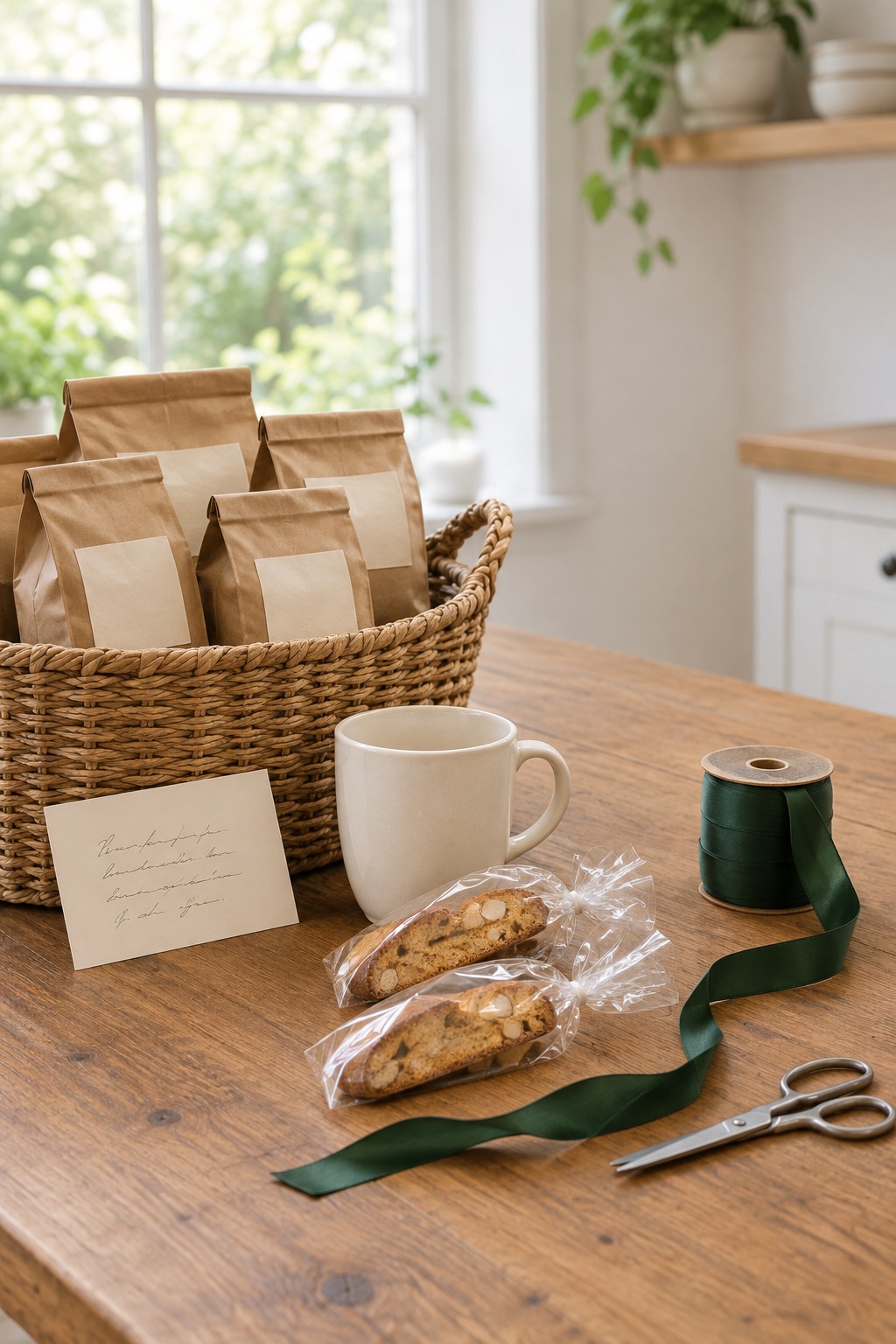 Kitchen table in bright daylight with a woven basket of coffee, a mug and biscotti half wrapped in clear cellophane, a spool of forest green ribbon, scissors and a handwritten card beside it
