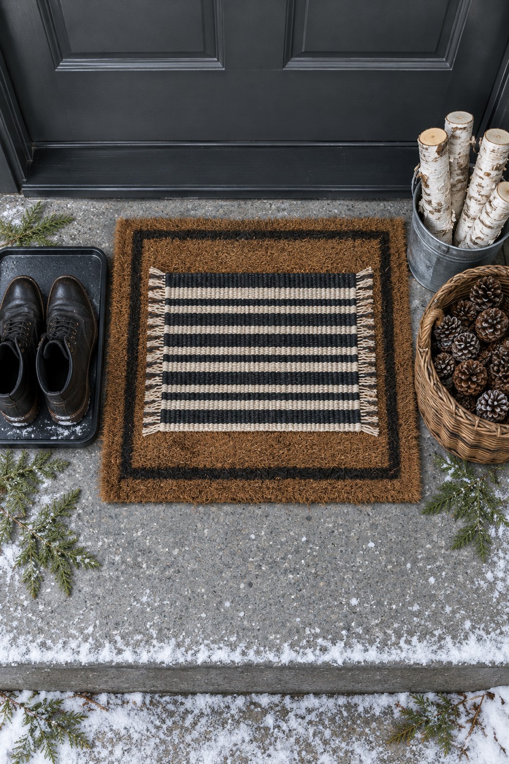 Overhead view of a winter doorstep with a layered coir mat, a boot tray with boots, a basket of pinecones and a pail of birch logs