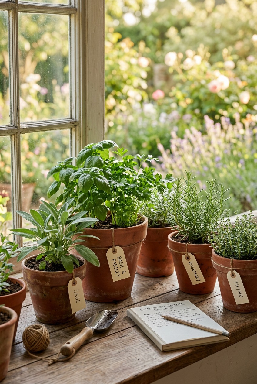 A well-planned raised bed herb garden showing Mediterranean herbs grouped together