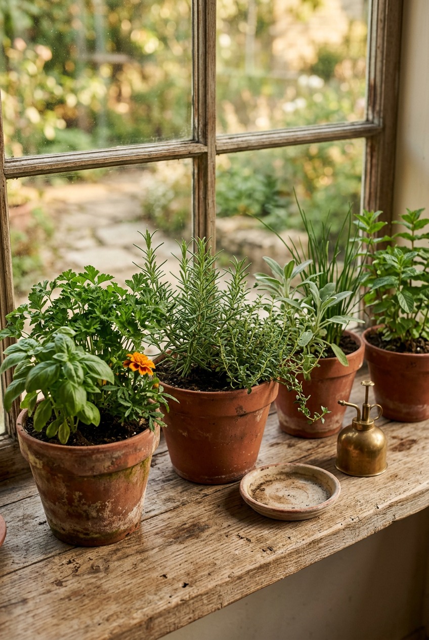 A container garden arrangement showing herbs grouped by water and sunlight needs
