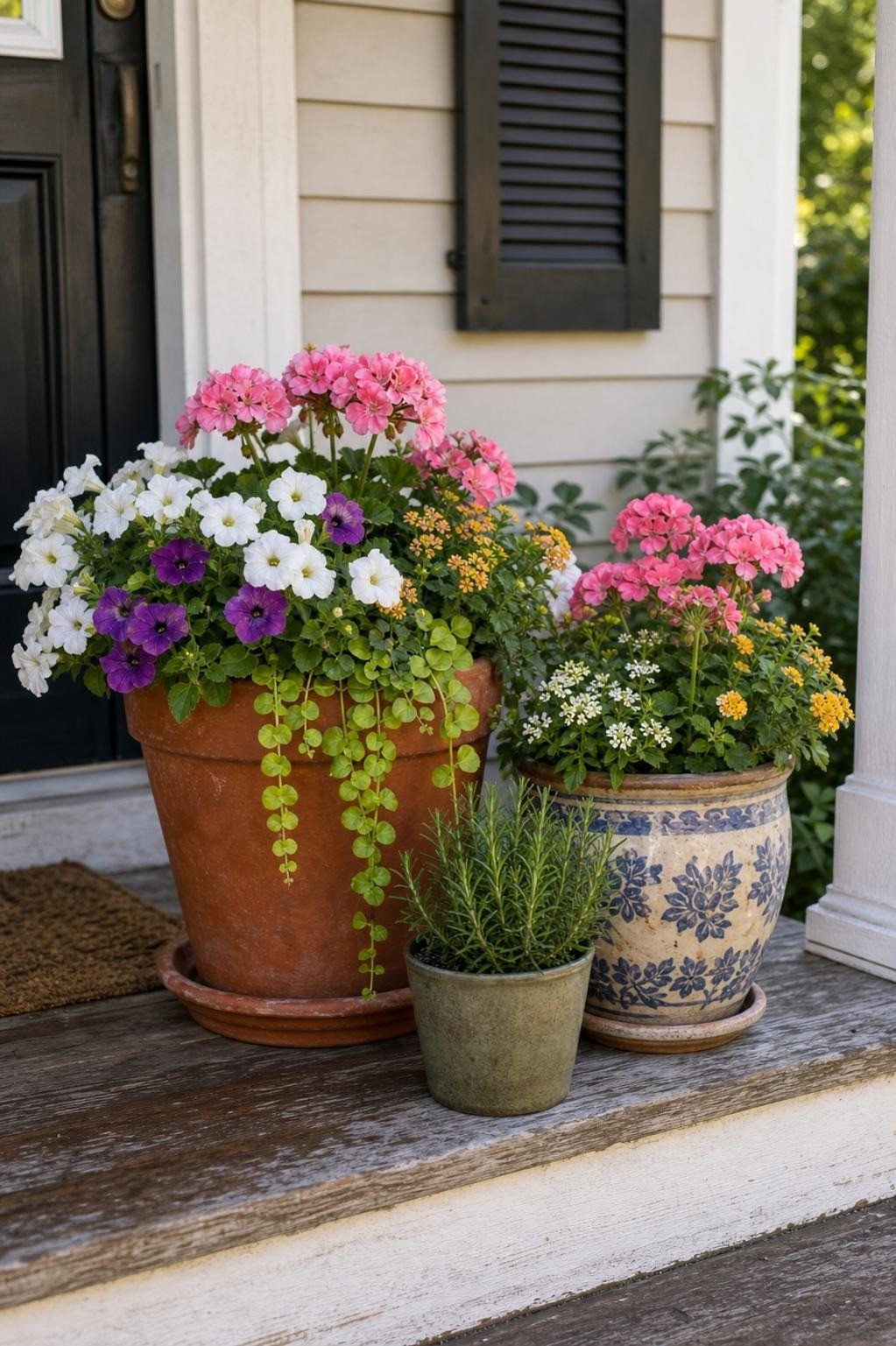 Three porch containers grouped near a front step with flowers and herbs