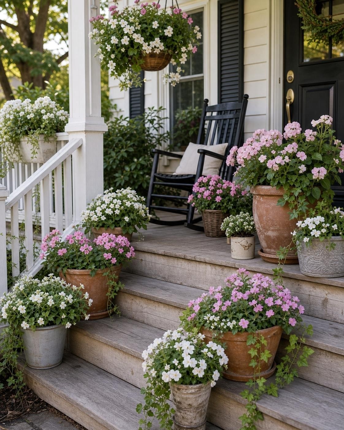 Porch containers repeating the same flower color across steps and railing