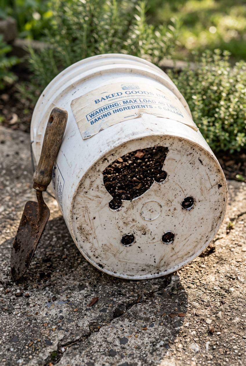 Five gallon buckets with drainage holes drilled in bottom, filled with potting mix on concrete patio