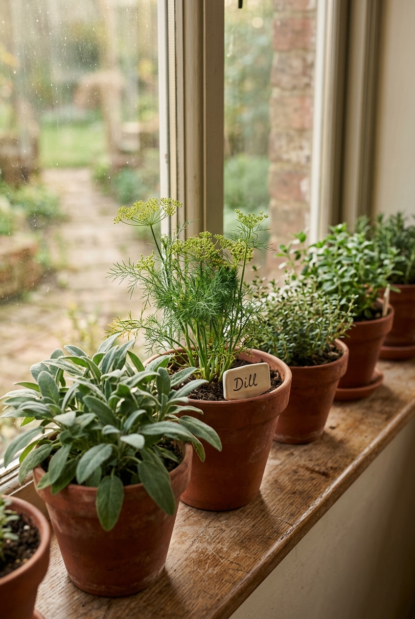 Five gallon buckets with tomato and pepper plants arranged in L shape on balcony with bamboo stakes