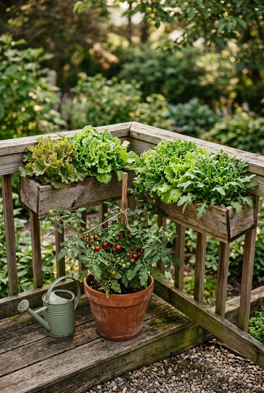 Container garden with cherry tomatoes and snap peas on wooden deck with child reaching for tomatoes
