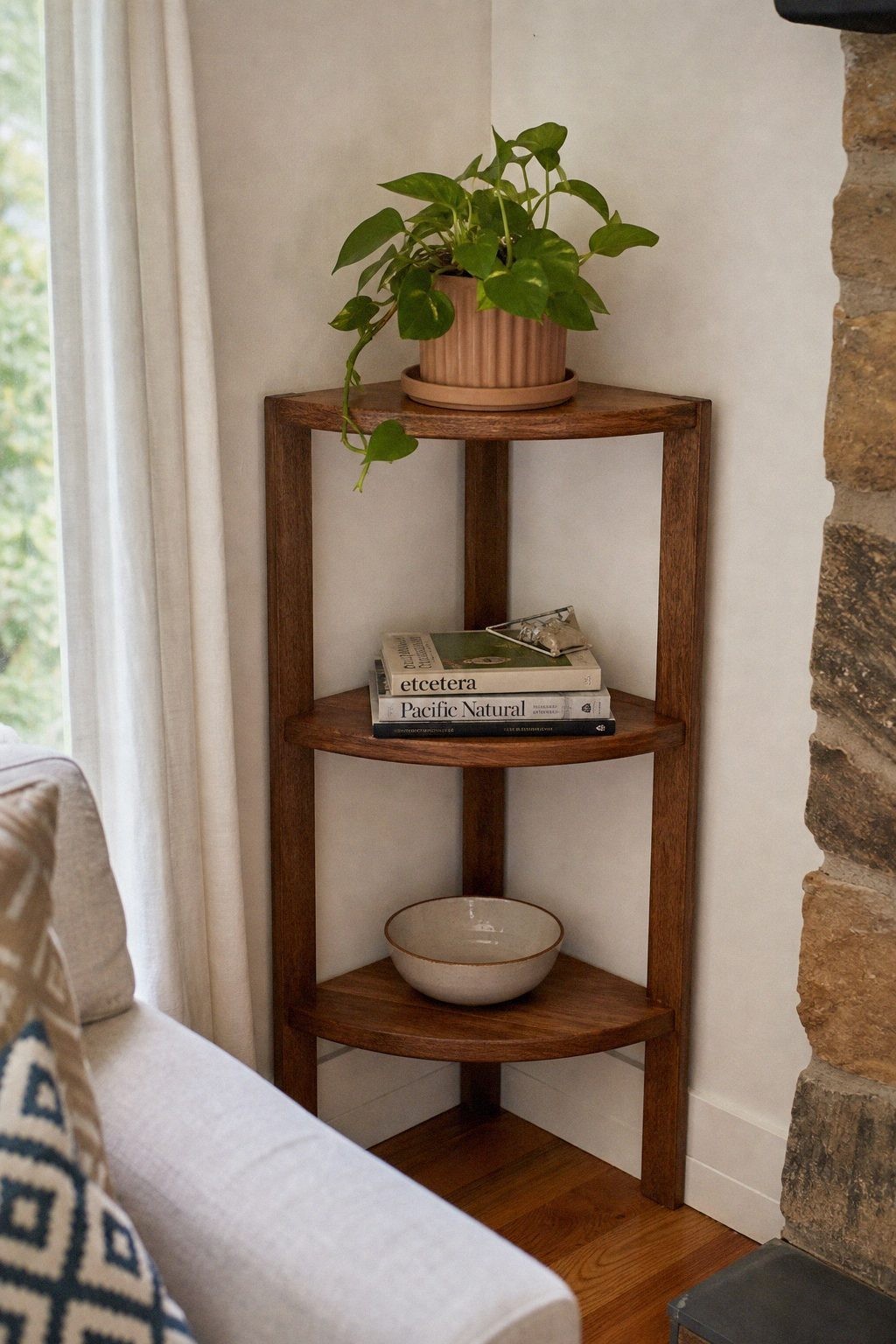 Close-up of three styled objects on a corner shelf: a small plant, a low stack of books, and a ceramic bowl