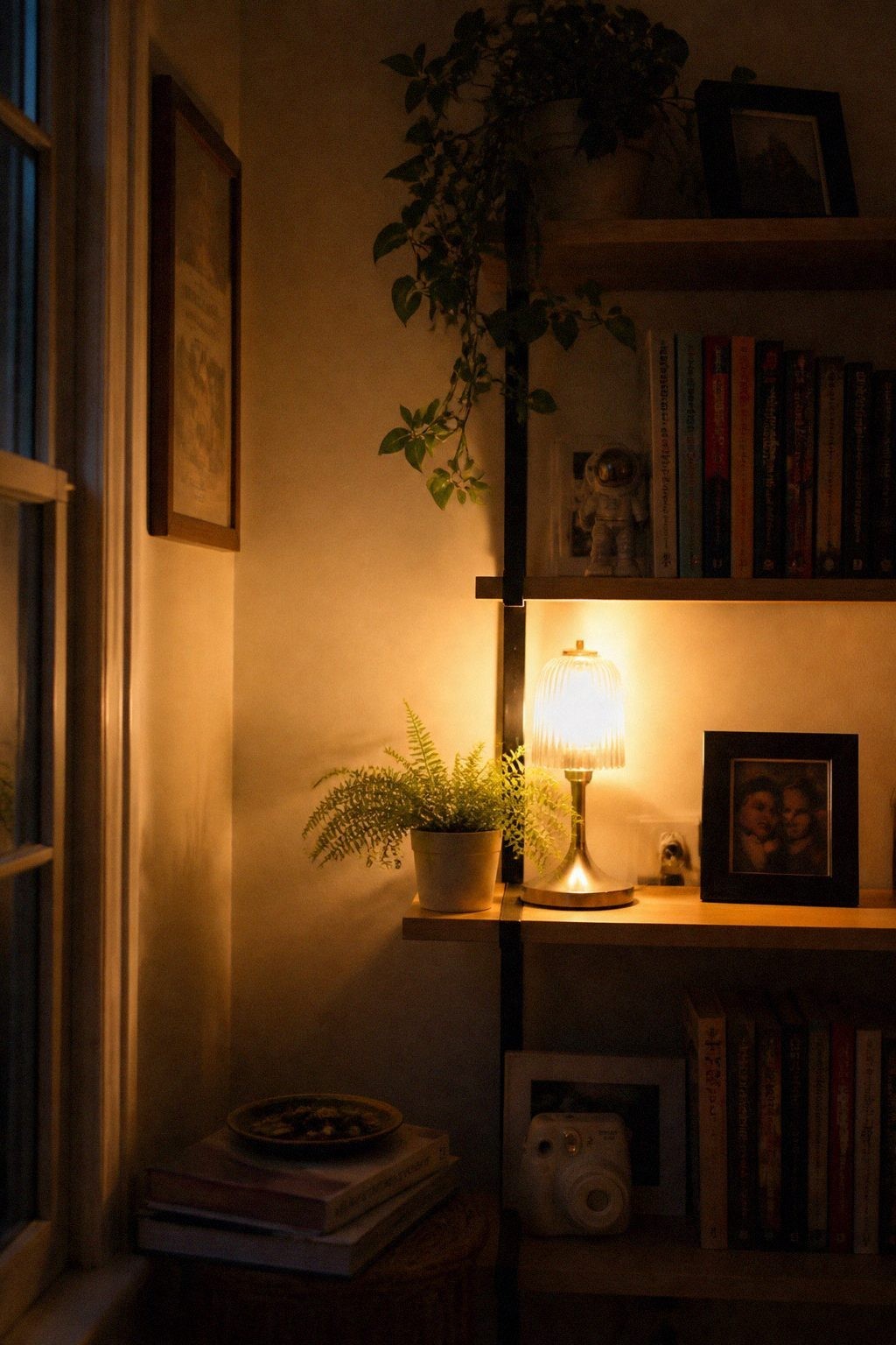 Corner shelves at night lit by a small fluted table lamp, with a potted fern, a framed photo, books and a trailing plant above
