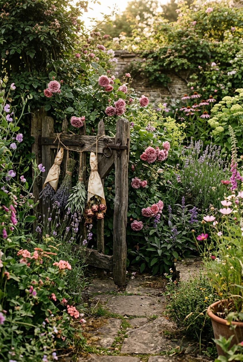 Assorted cottage garden seed packets arranged on a wooden table with a hand-drawn planting plan