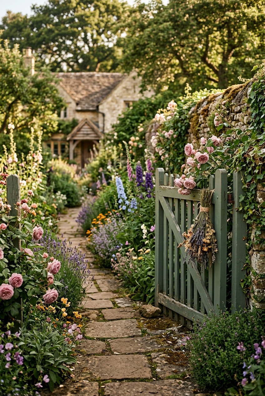 Cottage garden seedlings emerging from dark soil in early spring with plant markers