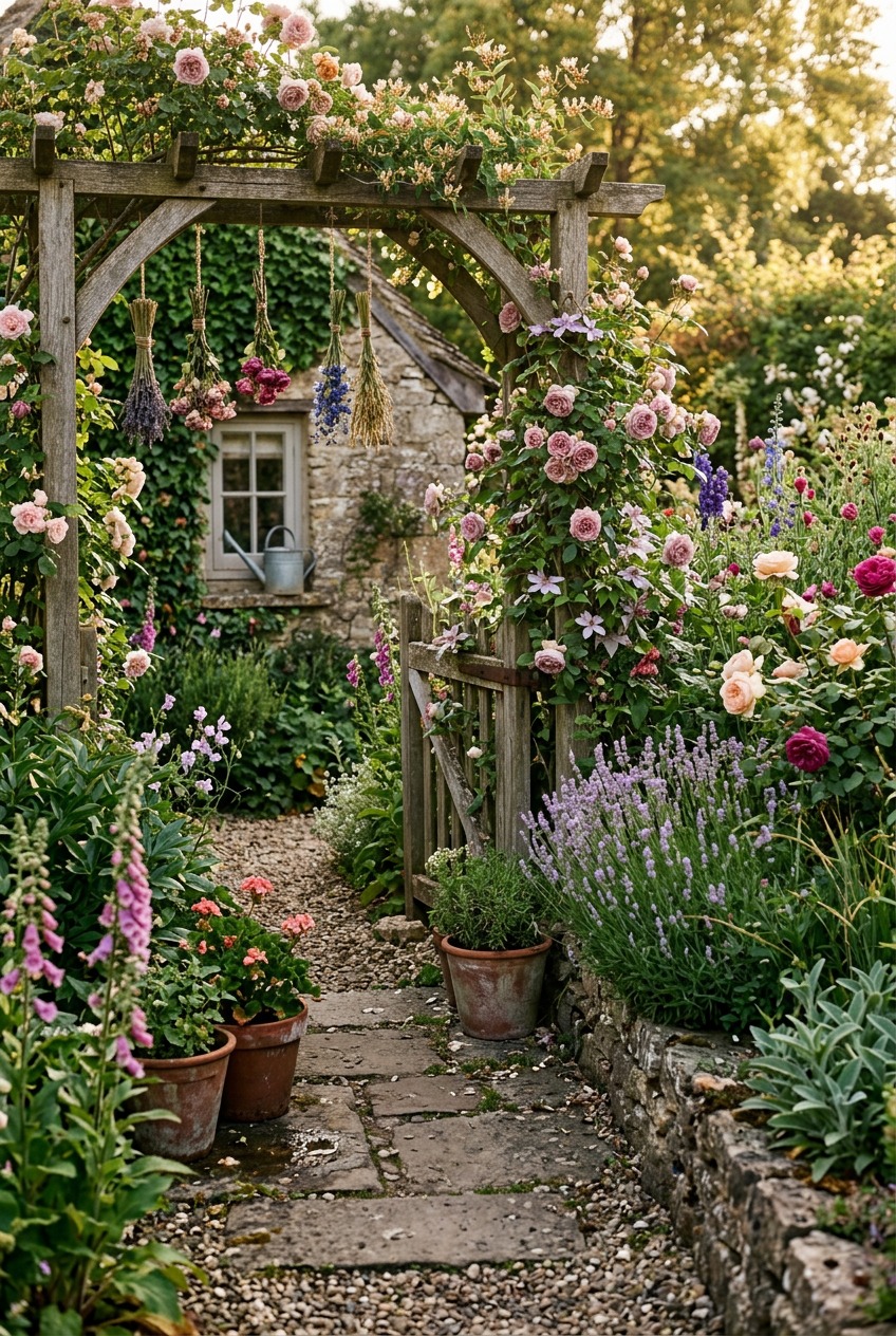 A full cottage garden bed in midsummer bloom with zinnias, cosmos, and larkspur in mixed colors