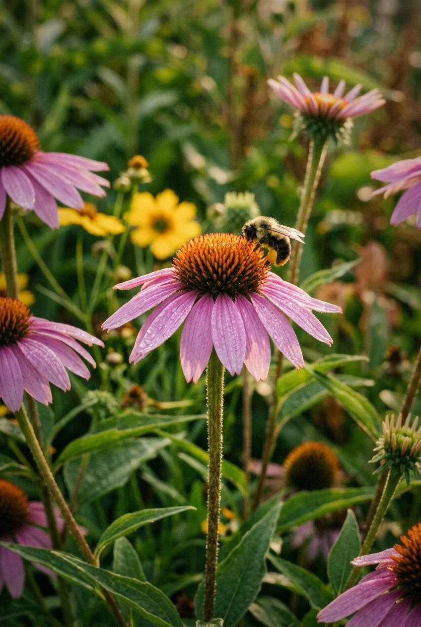 Cottage garden front yard with mixed perennials and stone path