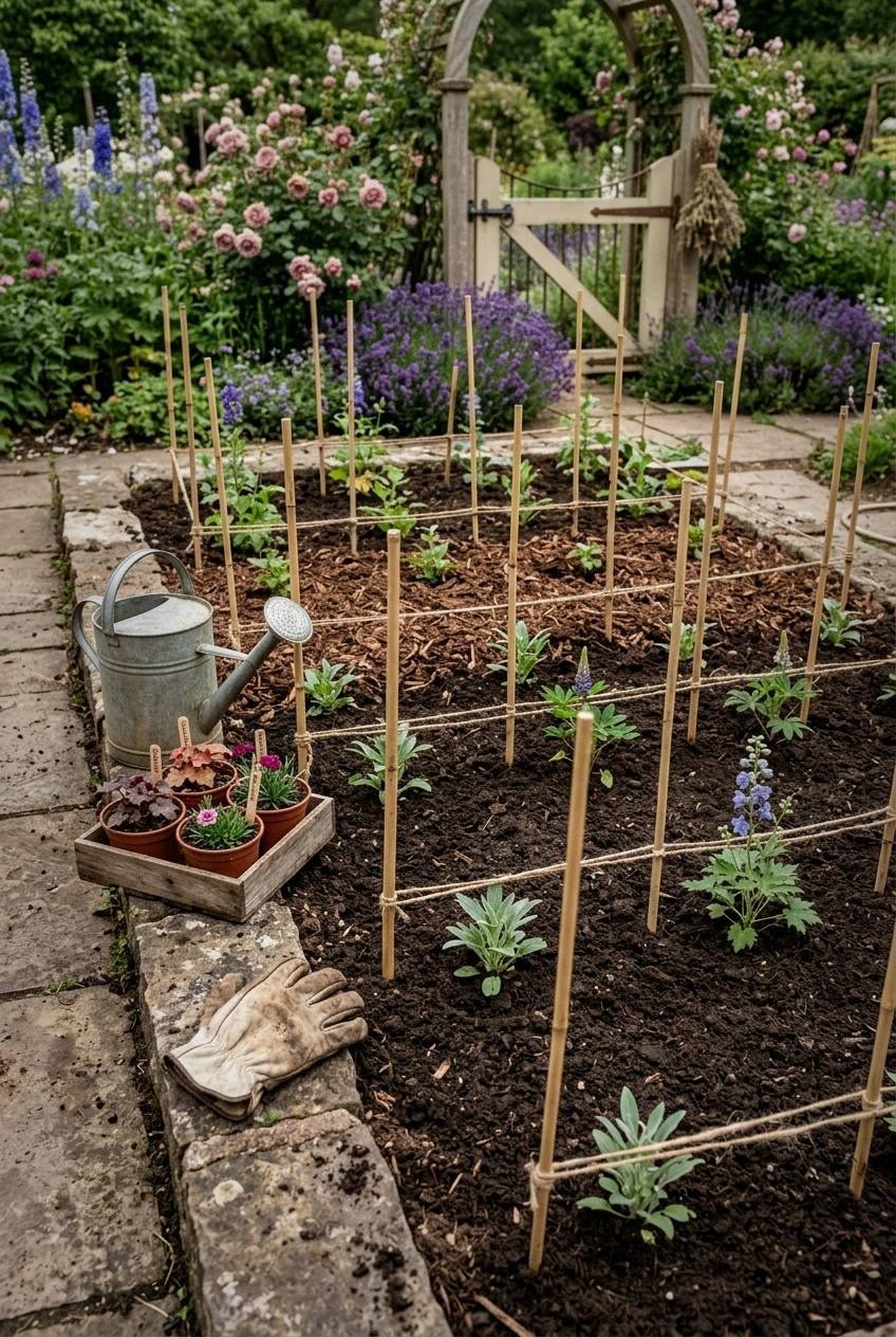Partial shade cottage garden with hostas and astilbe along walkway
