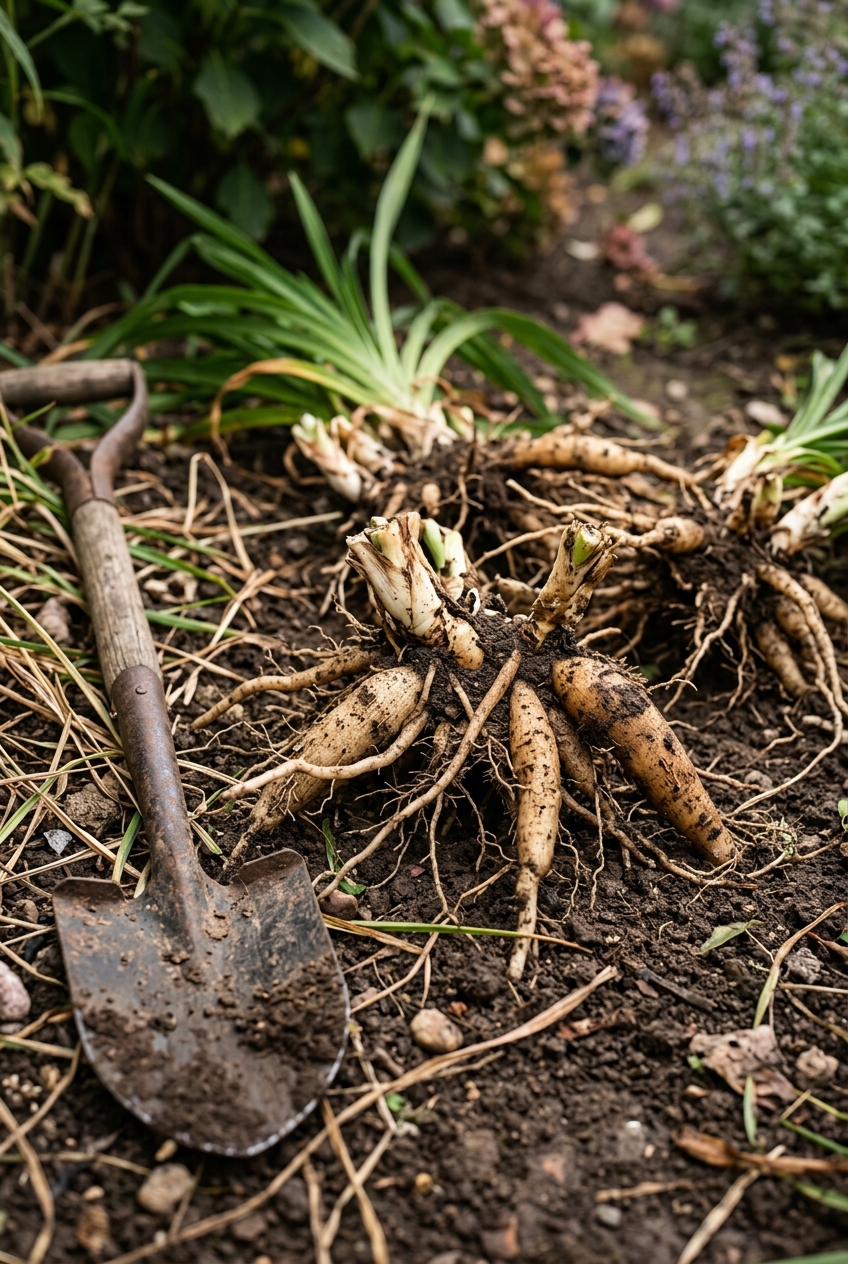 Hands dividing overgrown daylily clump with spade, showing root structure and multiple crowns ready for replanting