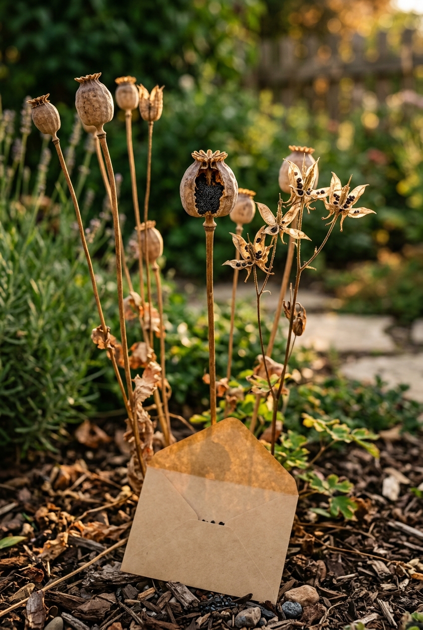 Brown dried seed heads of poppies and columbine ready for collection, with paper envelope for seed saving