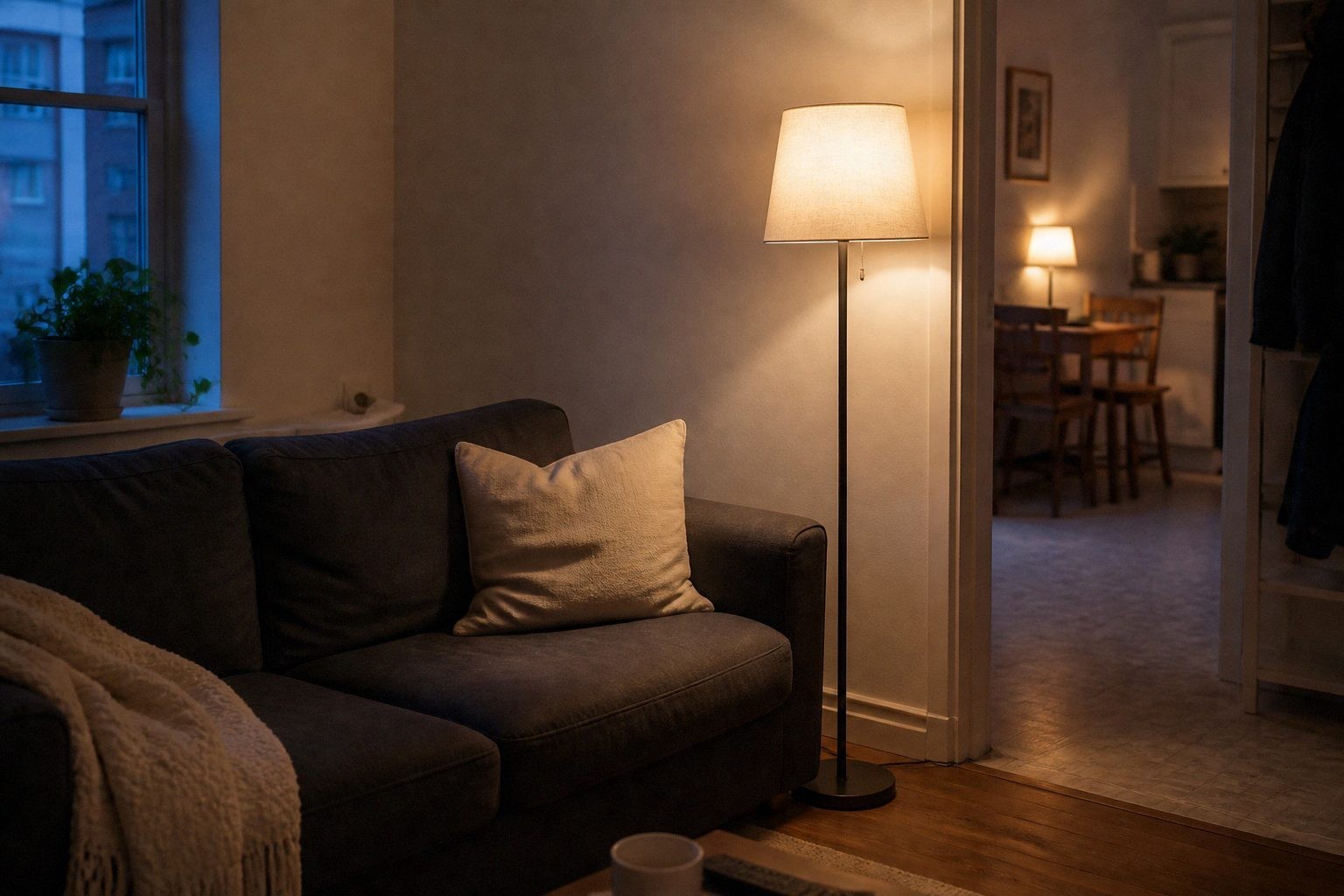Floor lamp beside a rental apartment couch creating a warm pool of evening light