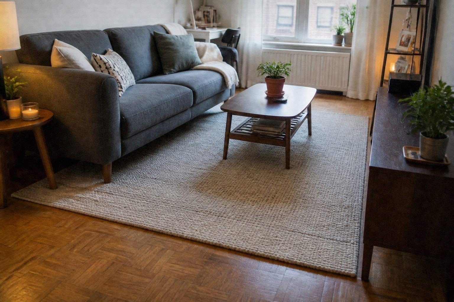 Textured area rug placed under the front legs of a compact couch in a cozy apartment