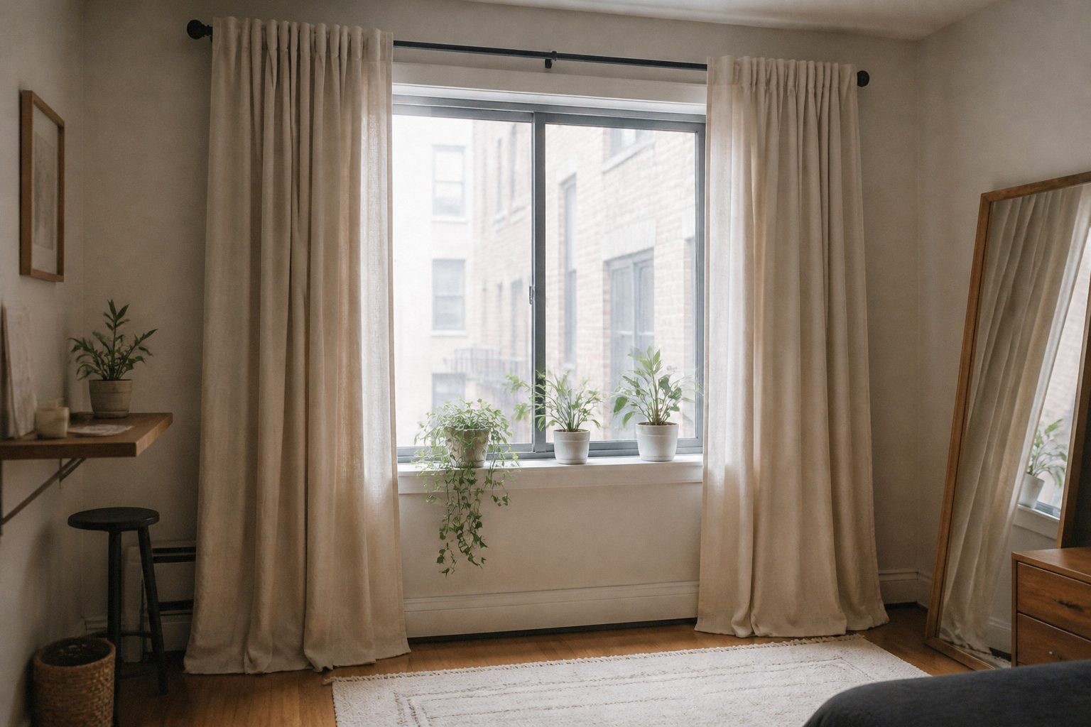 Soft oatmeal curtains hung wider than an apartment window so the glass stays uncovered