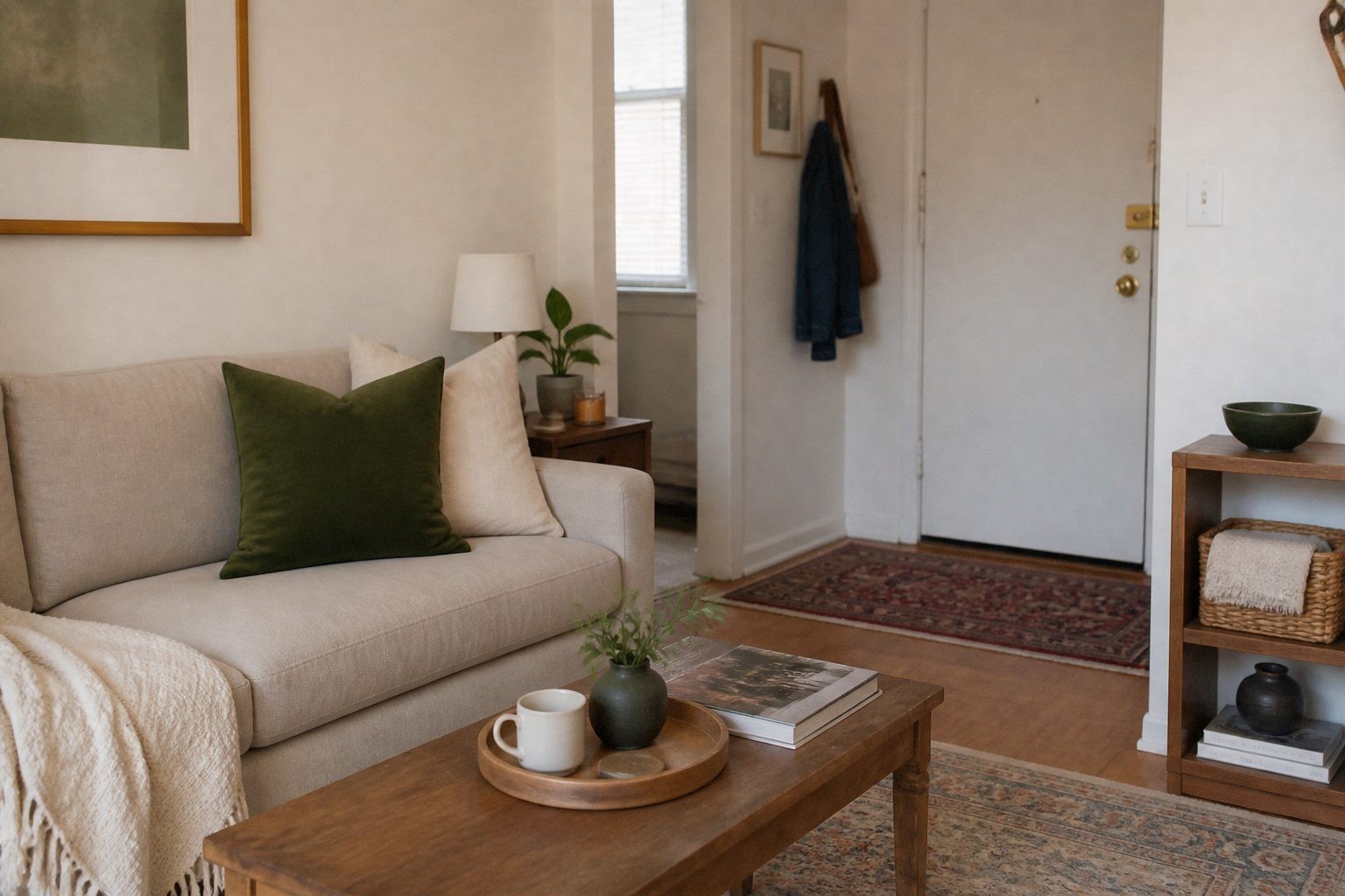 Rental living room repeating deep green in a pillow, framed print, and small ceramic bowl