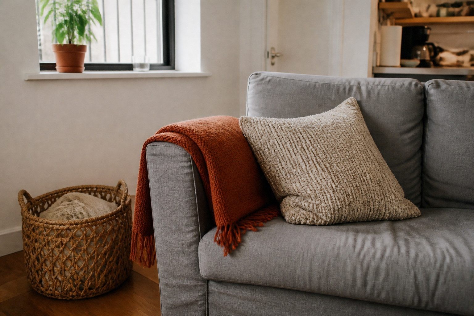 Soft woven throw folded over the arm of a small apartment couch with one textured pillow