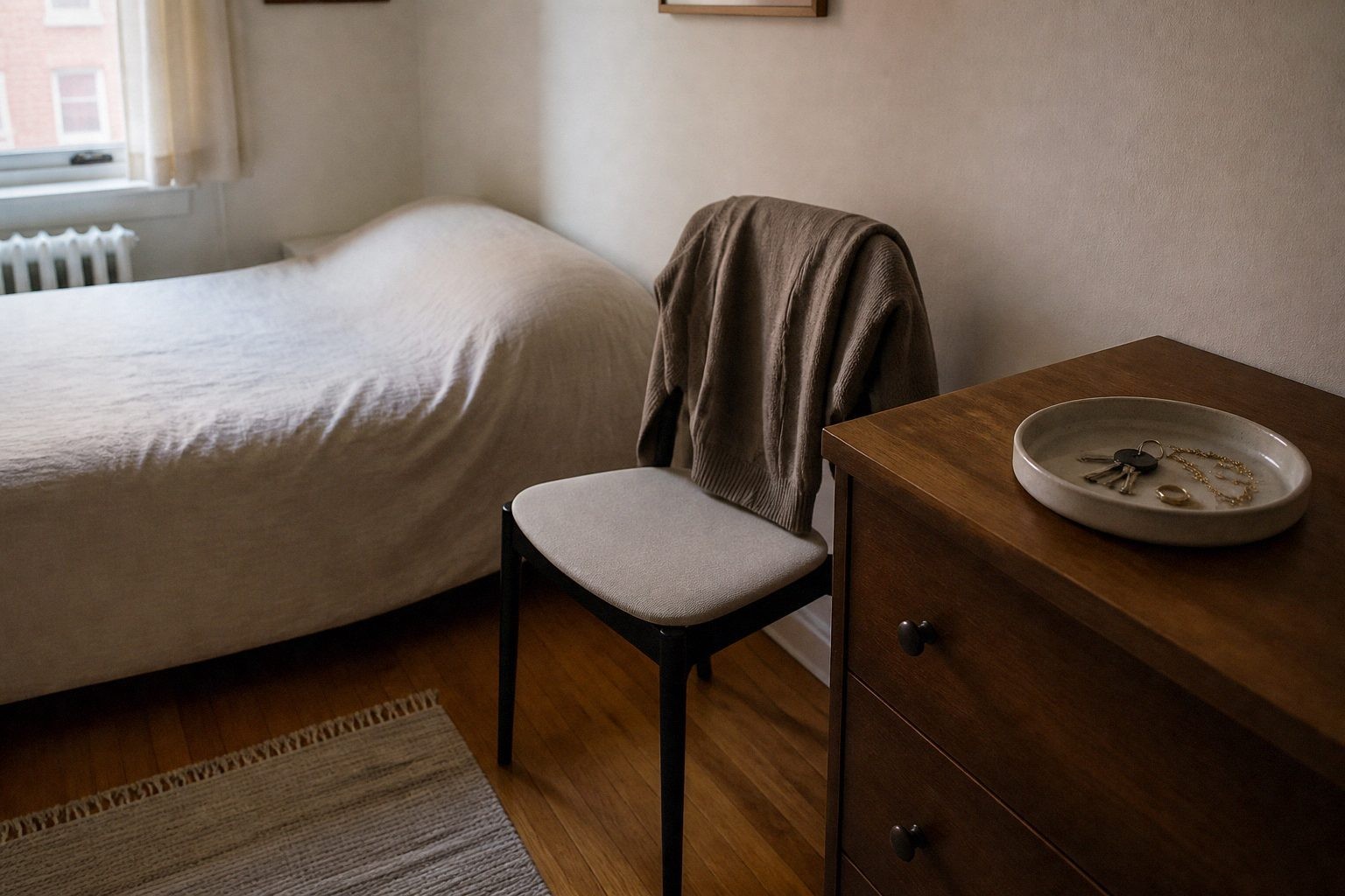 Small bedroom chair beside a dresser holding one folded cardigan and a tray for jewelry