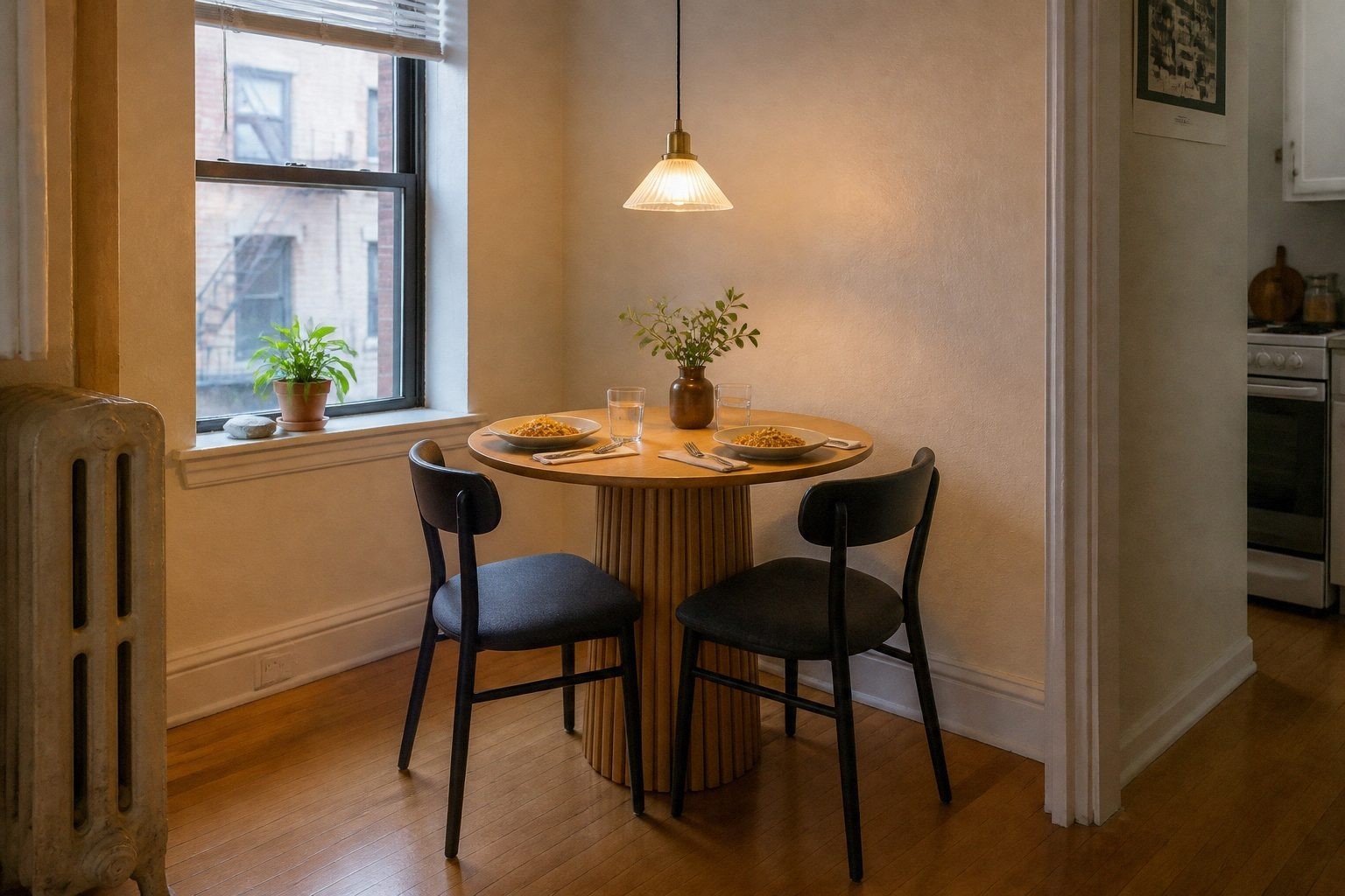 Tiny round dining table for two beside an apartment window with one pendant-style plug-in lamp