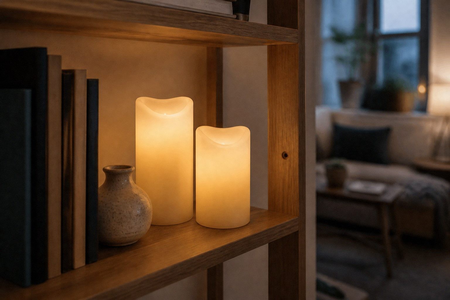 Flameless pillar candles glowing on a rental apartment shelf beside books