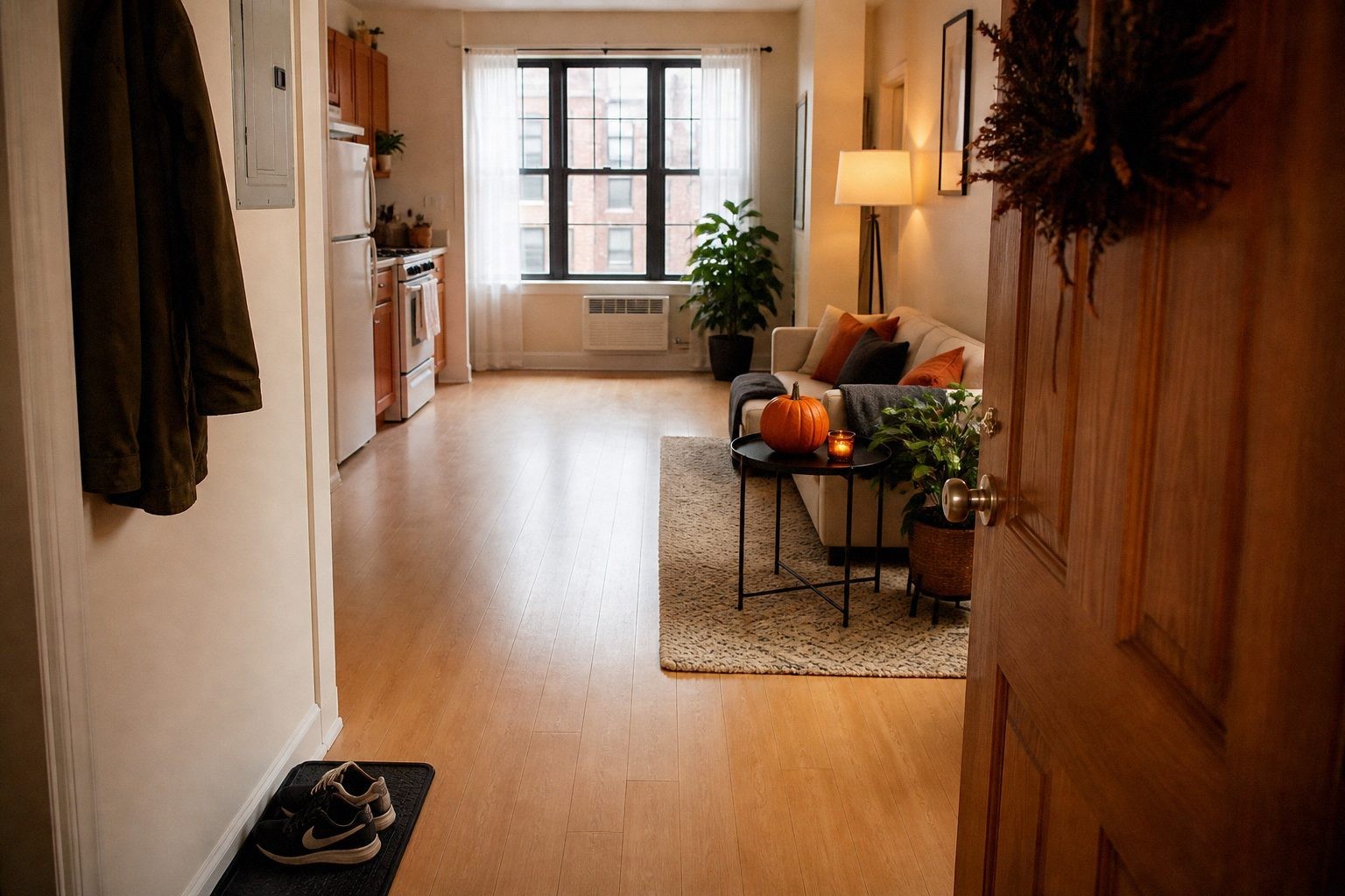 Cozy apartment living room with an unobstructed path from entry to window