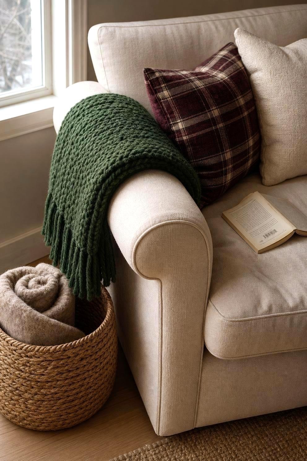 A cream sofa arm with a deep green chunky knit throw folded over it, two plaid pillow covers behind it and a woven basket holding a second blanket on the floor beside