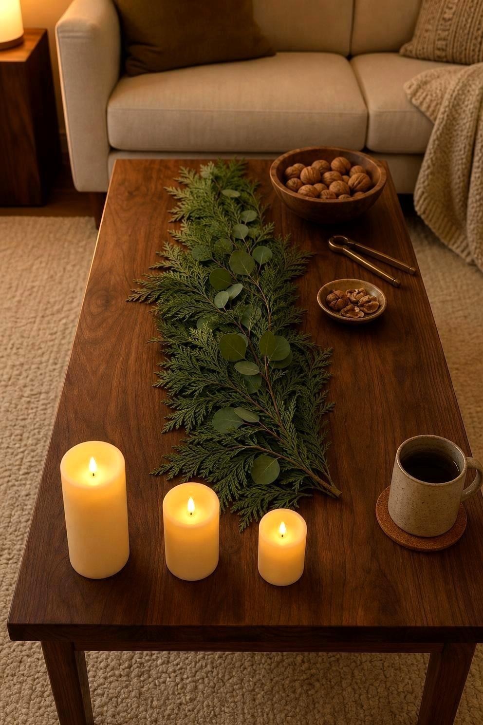 A cedar and eucalyptus garland laid flat along a wooden coffee table with three flameless pillar candles at different heights and a bowl of unshelled walnuts