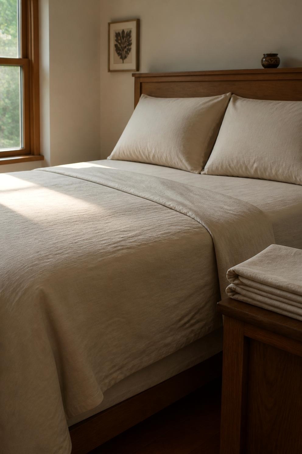 brushed cotton sheets in oatmeal being layered on a bed in a small room