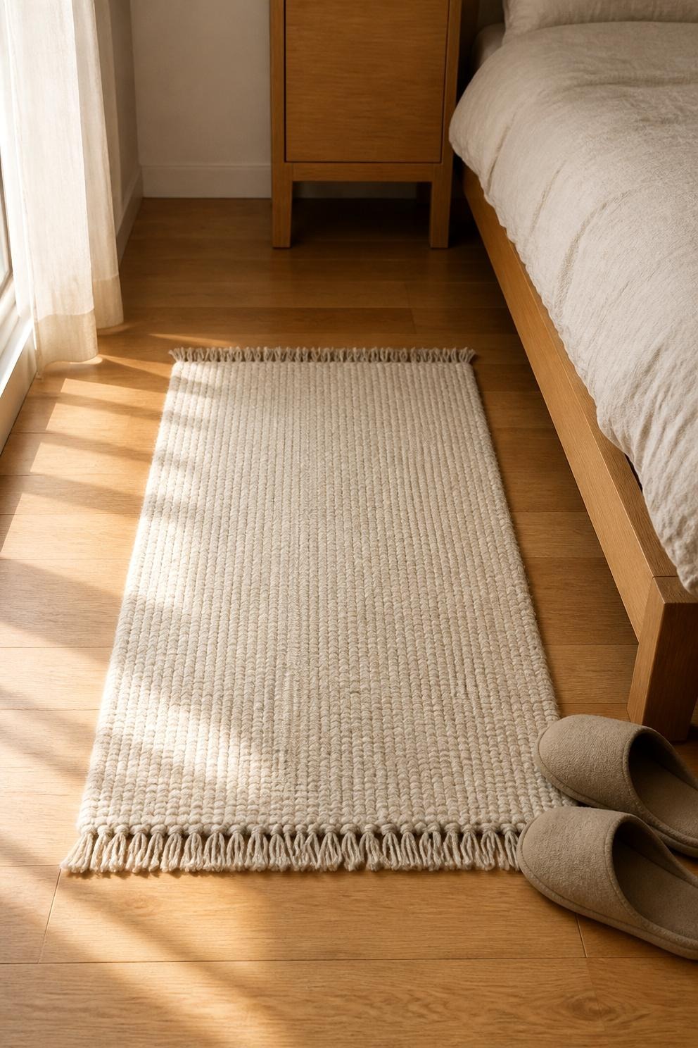 small washable rug on the floor beside a bed in a narrow bedroom
