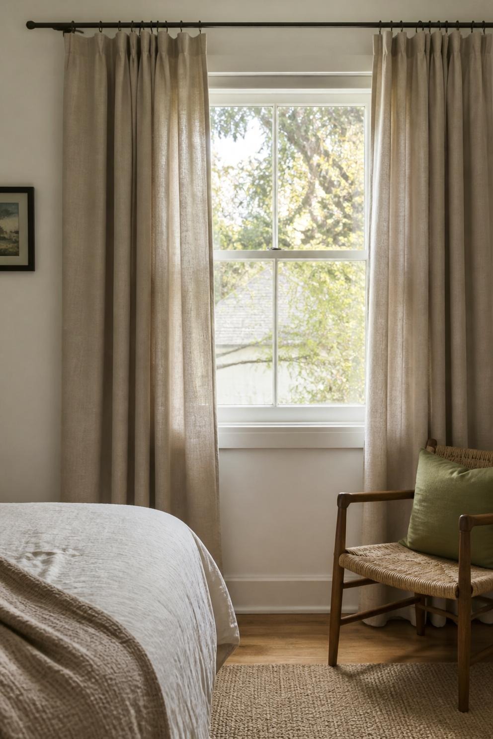lined curtains hanging past the window frame in a small bedroom during early fall